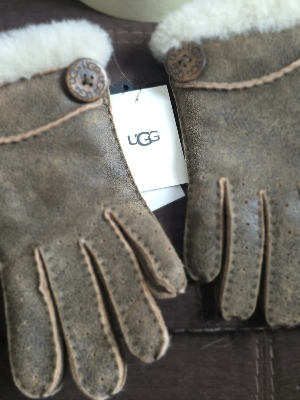 UGG Sheepskin-Lined Suede Gloves in Distressed Olive